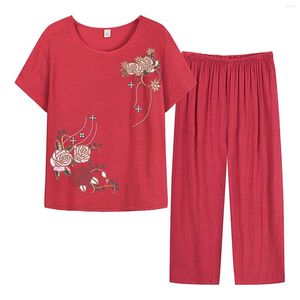 Pantalones de dos piezas para mujer, Tops rojos florales, traje con estampado de salón, conjunto bohemio para mujer, túnica de manga corta de algodón y lino para verano, trajes femeninos