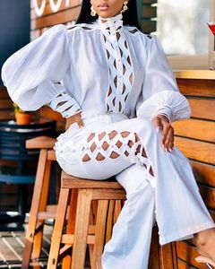 Pantalones de dos piezas para mujer, camisa de encaje informal a la moda de primavera y verano, conjuntos sólidos de estilo largo blanco para ir al trabajo
