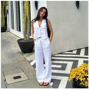 Women's Two Piece Pants Summer White Linen Set For Women 2023 Fashion Sleeveless Tank Top Female In Matching High Waist Wide