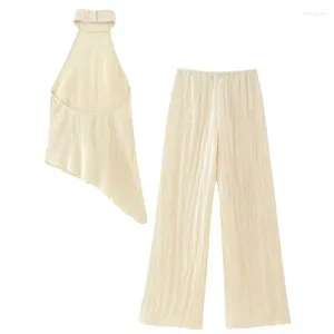 Pantalon de deux pièces pour femmes, ensembles de mode pour femmes, ourlet irrégulier, gaine, col licou, hauts avec plis, jambes larges texturées
