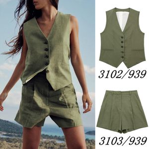 Women's Two Piece Pants UNIZERA Spring Clothing Solid Color Linen Blended Custom Vest Basic Casual High Waist Shorts Twopiece Set 3102939 230520