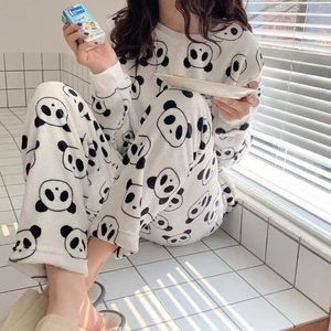 Femmes deux pièces pantalons femmes ensembles de pyjama Homewear pour filles Panda imprimer hiver automne dessin animé vêtements de nuit en peluche chaud Robe deux pièces Pijama