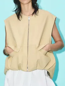 Chalecos de mujer 2024 moda de verano sin mangas cuello redondo cómodo dobladillo plisado mezcla de algodón tops sin mangas