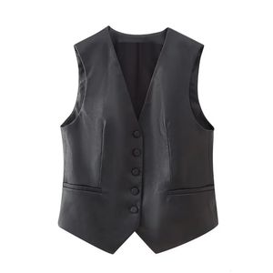 Women's Vests UNIZERA Autumn and Winter Women's Casual Versatile V-neck Button Imitation Leather Fine Cut Black Vest 231204