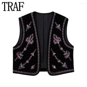 Gilets pour femmes Femmes Vintage Cardigan Veste sans manches Femme Automne Perles Gilet Velours Brodé Pour Gilet Noir Court