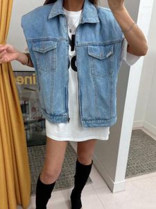 Femmes Gilets Femmes Vintage Lavé Épaulière Conception Gilet Sans Manches Jeans Manteaux Streetwear Dames Fermeture Éclair Denim Gilet Veste Survêtement