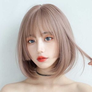 Pelucas de mujer Japón y Corea del Sur humo rosa corto Seda de alta temperatura parte superior entera flequillo de aire femenino cubierta de la cabeza del pelo