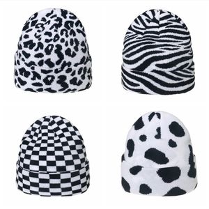 Chapeaux d'hiver pour femmes Noir Blanc motif Animal Ski Chapeau Unisexe Chaud Tricoté Hommes Chapeau Bonnets Mode Hip Hop Skullies pour Hommes Femmes