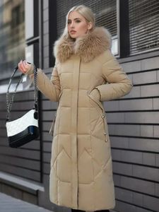 Jaqueta de inverno feminina 2023 comprimento médio moda magro sobre o joelho gola de pele grosso casaco de algodão elegante vermelho parka mulher roupas 231225