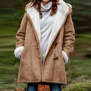 Abrigos de felpa de talla grande de invierno para mujer, abrigo cálido de manga larga con botones de cuerno de oveja y bolsillo, chaqueta para mujer
