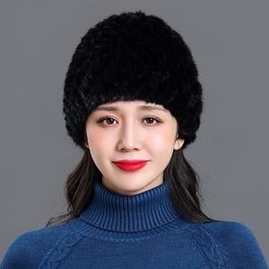 Bonnet en fourrure de vison chaud pour femmes, bonnet élastique tricoté, cache-oreilles