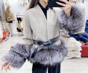 Femmes laine grande vente femmes hiver court solide laine cachemire vraie fourrure manches chaud ceinture mince pardessus