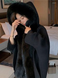 Abrigo con capucha de mezcla de lana para mujer con ribete de piel auténtica Prendas de abrigo de capa de cachemira de invierno de gran tamaño para mujer