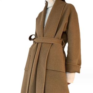 Mélanges de laine pour femmes automne et hiver gris col ample double face manteau en laine poche longue veste femmes 231116