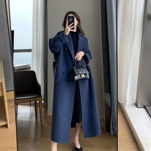 Elegant Long Wool Blend Coat for Women - Warm Autumn Outerwear, Double-Breasted with Belt, Fashionable and Cozy