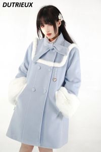 Mélanges de laine pour femmes veste en laine de Style japonais femmes doux mignon nœud papillon élégant longs manteaux hiver minimaliste fille robe en cachemire manteau 231010