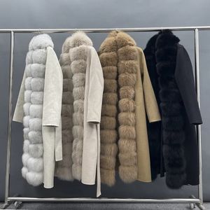 Mezclas de lana para mujer MISSJANEFUR abrigo de Cachemira con cinturón para mujer moda coreana de lujo con adorno de piel Real trinchera larga de invierno 231124
