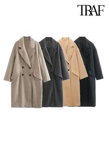 Women's Wool Blends TRAF Women Fashion Oversized Double Breasted Woolen Coat Vintage Long Sleeve Flap Pockets Female Outerwear Chic Overcoat 231026