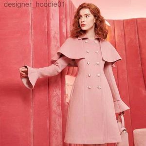 Mezclas de lana para mujer, chaquetas de mezclas de lana rosa de invierno, abrigo europeo grueso para mujer, prendas de vestir cálidas con doble botonadura, abrigo para mujer L230920