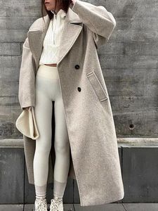 Women's Wool Blends Women Double Breasted Woolen Coat Lapel Collar Long Sleeves Solid Long Wool Coat Winte Fashion Warm Loose Woolen Overcoat 221206