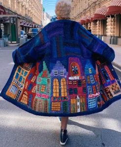 Veste longue en laine pour femmes, Vintage, imprimé maison, hauts, mode, pardessus, printemps automne, col rabattu, vêtements d'extérieur