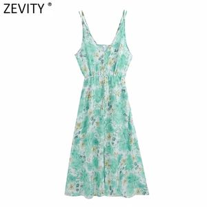 Femmes Sexy Deep Vc Vert Vert Floral Print Sling Robe Femme Taille élastique Boho Vestido Chic Casual Robes d'été DS8316 210420