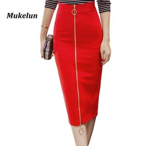Falda de oficina sexy para mujer Tallas grandes Casual Cintura alta Media pantorrilla Larga elegante Cremallera elástica Bodycon Faldas de lápiz rojo S-5XL 210610