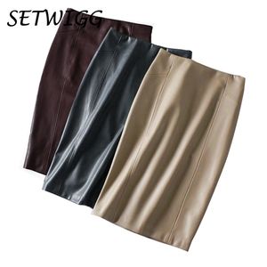 Women Sexy Soft PU Leather Pencil Midi Skirt Autumn Ladies Package Hip Back Split Faux Leather Pencil Skirt Burgundy Coffee 210315