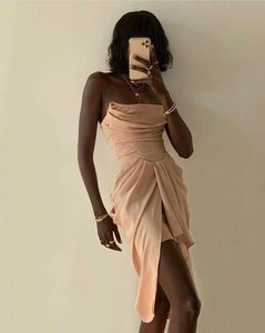 Mujeres Sexy Strapless Split Midi Nude Bodycon Vestido elegante Night Club Prom Celebrity Party Vestido 210527