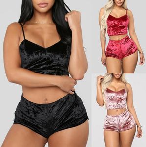 Ensemble pyjama en velours Sexy pour femmes, haut court en dentelle, col en v, short, vêtements de nuit, Lingerie, vêtements de maternité, 2 pièces/ensemble