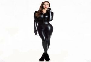 Femmes Sexy Wetlook PVC Latex lingerie body avec gants ouvert entrejambe Clubwear fétiche Catwoman Faux cuir catsuit costumes Y2004810945