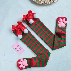 Calcetines de mujer 2024 lazos a rayas sobre la rodilla pata de gato medias altas hasta el muslo accesorio de disfraz de Halloween y Navidad para niños y niñas