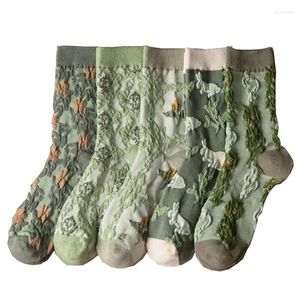 Calcetines de mujer, conjunto de 5 pares, Retro, estilo campestre, verde, otoño, Floret, suaves, agradables a la piel, transpirables, calcetines coreanos de moda