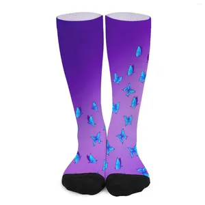 Calcetines de mujer Medias con estampado de mariposas Azul Púrpura Personalizado Kawaii Otoño Anti Sudor Correr Transpirable