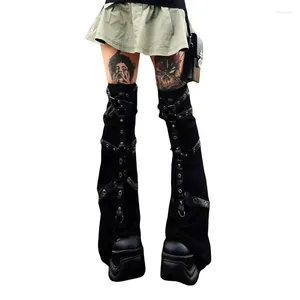 Chaussettes de femmes automne l'hiver noir boucle en métal tricoté de style punk de style punk chaud y2k legging haut de genou