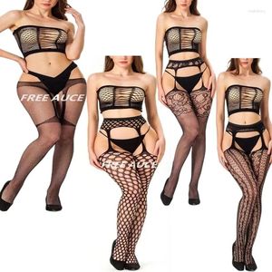 Chaussettes de femmes FreaUce surdimensionné sexy collants sexy plus taille de Fishnet en dentelle hauts Stocks with Garter Belt suspenders