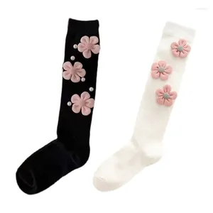 Calcetines de algodón hasta la rodilla para mujer, medias japonesas de punto 3D con flores rosas, estudiantes de escuela, largas y finas, 37JB