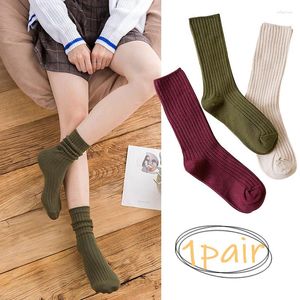 Chaussettes en coton pour femmes et filles, amples, tricotées, couleur unie, longues, noires, roses, bas d'étudiant coréen et japonais, mode automne hiver