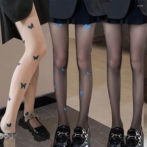 Calcetines de mujer Niñas Verano Sedoso Ultrafino Japonés Lolita Medias sin costuras Pantimedias con estampado de mariposas