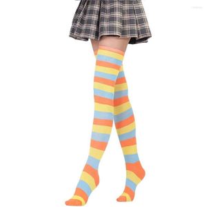 Femmes chaussettes JK femme Cosplay bas jaune Orange bandes Lolita longue sur genou cuisse haute Compression