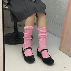 Chaussettes en coton rose mat pour femmes, bas longs tricotés, genoux chauds, mode japonaise, pour écolières, automne hiver