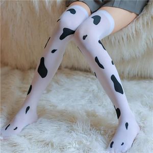 Calcetines de mujer con estampado de manchas de vaca lechera, medias de lencería por encima de la rodilla, medias elásticas, medias hasta el muslo blancas de Anime Sexy para Cosplay