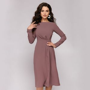 Femmes Solide Mi-mollet Robe Casual O-cou Gaine Taille Élastique À Manches Longues Fit Et Flare Robe De Soirée Élégante Robe Polyvalente 210412