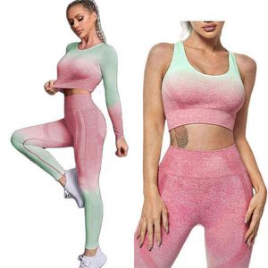 Femmes Sportswear Yoga Set Workout Vêtements Fitness Sport Fit Taille Haute Leggings Sans Couture Femme Running Suit J220706