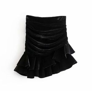 Mujeres con estilo terciopelo negro plisado mini falda asimétrica damas espalda cremallera vestidos chic volantes faldas faldas mujer 210430