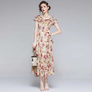 Mujeres verano diseñador elegante brillante seda perla gasa Maxi vestido mujer Vintage volantes estampado Floral vestido de fiesta Vestidos 210525