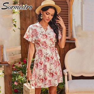 Femmes Summer Mini Wrap Robe Fahion Col V Blanc Floral Imprimer Tunique à manches courtes Beach Party Sundress Femme 210421