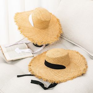 Sombrero de paja de rafia Natural de verano para mujer, sombreros de sol de playa flexibles con cinta de temperamento a la moda, sombrero de viaje transpirable para exteriores