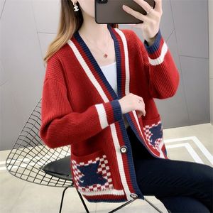 Cardigans tricotés à col en V pour femmes, marque de luxe, pull pied-de-poule rouge et blanc, manches longues, manteaux surdimensionnés