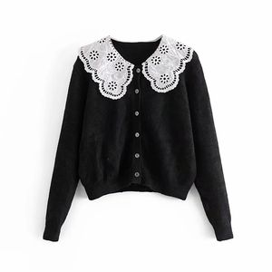 Mujeres dulce blanco bordado hoja de loto solapa grande negro suéter femenino simple de un solo pecho de manga larga Top 210531